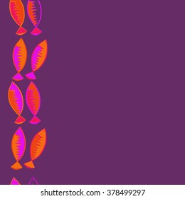 Seamless vertical  pattern with fishes motif, fish, zigzag, spots, hole, copy space. Hand drawn.