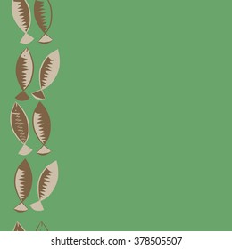 Seamless vertical  pattern with fishes motif, fish, zigzag, spots, hole, copy space. Hand drawn.
