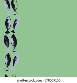 Seamless vertical  pattern with fishes motif, fish, zigzag, spots, hole, copy space. Hand drawn.