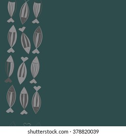 Seamless vertical  pattern with fishes motif, fish, stripes, spots, hole, copy space. Hand drawn.