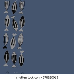 Seamless vertical  pattern with fishes motif, fish, stripes, spots, hole, copy space. Hand drawn.