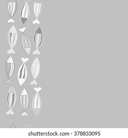 Seamless vertical  pattern with fishes motif, fish, stripes, spots, hole, copy space. Hand drawn.