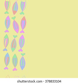 Seamless vertical  pattern with fishes motif, fish, stripes, spots, hole, copy space. Hand drawn.