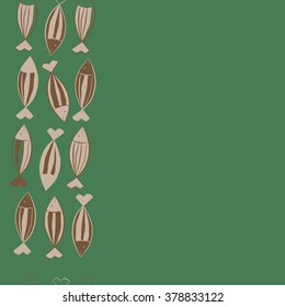 Seamless vertical  pattern with fishes motif, fish, stripes, spots, hole, copy space. Hand drawn.