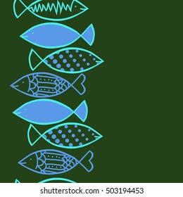 Seamless  vertical  pattern with fishes   motif. Halftone.