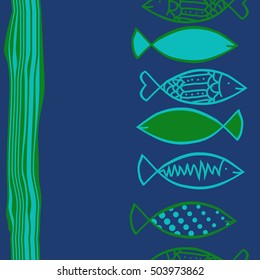 Seamless vertical  pattern with fishes   motif, stripes. Halftone.