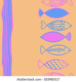 Seamless vertical  pattern with fishes   motif, stripes. Halftone.