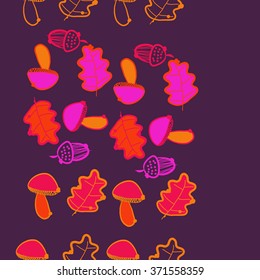 Seamless  vertical  pattern  of  floral  motif, doodles, acorns, leaves, oak, mushroom . Hand drawn.
