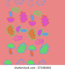 Seamless  vertical  pattern  of  floral  motif, doodles, acorns, leaves, oak, mushroom . Hand drawn.