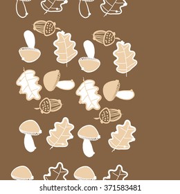 Seamless  vertical  pattern  of  floral  motif, doodles, acorns, leaves, oak, mushroom . Hand drawn.