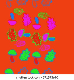 Seamless  vertical  pattern  of  floral  motif, doodles, acorns, leaves, oak, mushroom . Hand drawn.