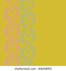 Seamless   vertical pattern of floral motif, stylized rosy, leaves, spirals, doodles, copy space. Hand drawn.
