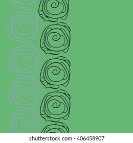 Seamless   vertical pattern of floral motif, stylized rosy, leaves, spirals, doodles, copy space. Hand drawn.