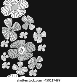 Seamless vertical  pattern of floral motif, doodles, flowers, leaves, stripes, spot, hole,  object, copy space . Hand drawn.