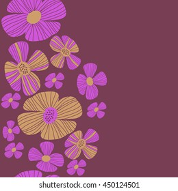 Seamless vertical  pattern of floral motif, doodles, flowers, leaves, stripes, spot, hole,  object, copy space . Hand drawn.