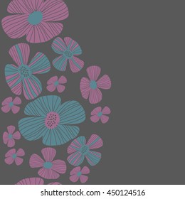 Seamless vertical  pattern of floral motif, doodles, flowers, leaves, stripes, spot, hole,  object, copy space . Hand drawn.