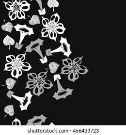 Seamless  vertical   pattern of floral motif, doodles, flowers, leaves, spot, hole, bell, object. Hand drawn.