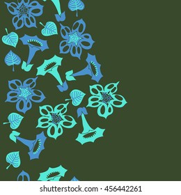 Seamless  vertical   pattern of floral motif, doodles, flowers, leaves, spot, hole, bell, object. Hand drawn.
