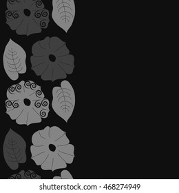 Seamless   vertical  pattern of floral motif,  doodles, spirals, object,flowers, leaves, ellipses, hole. Hand drawn.