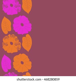 Seamless   vertical  pattern of floral motif,  doodles, spirals, object,flowers, leaves, ellipses, hole. Hand drawn.