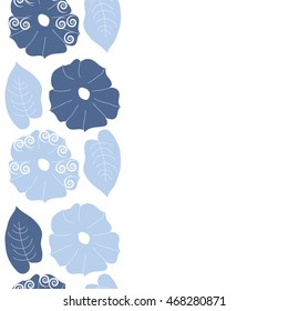 Seamless   vertical  pattern of floral motif,  doodles, spirals, object,flowers, leaves, ellipses, hole. Hand drawn.