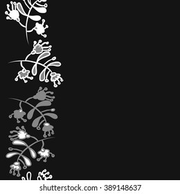 Seamless vertical pattern  of floral motif,branches, leaves, doodles, hole, spots,stamens, copy space. Hand drawn.