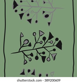 Seamless vertical pattern  of floral motif,branches, spots, doodles, hole, triangles, ellipses, stripes, copy space. Hand drawn.