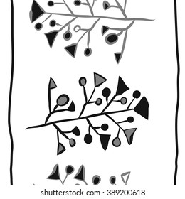 Seamless vertical pattern  of floral motif,branches, spots, doodles, hole, triangles, ellipses, stripes, copy space. Hand drawn.