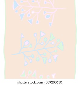 Seamless vertical pattern  of floral motif,branches, spots, doodles, hole, triangles, ellipses, stripes, copy space. Hand drawn.