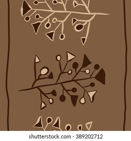 Seamless vertical pattern  of floral motif,branches, spots, doodles, hole, triangles, ellipses, stripes, copy space. Hand drawn.