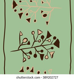 Seamless vertical pattern  of floral motif,branches, spots, doodles, hole, triangles, ellipses, stripes, copy space. Hand drawn.