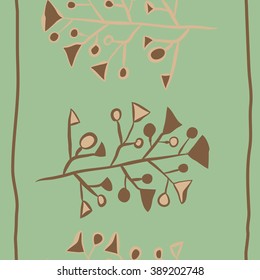 Seamless vertical pattern  of floral motif,branches, spots, doodles, hole, triangles, ellipses, stripes, copy space. Hand drawn.
