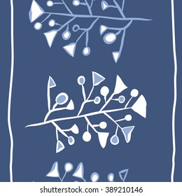 Seamless vertical pattern  of floral motif,branches, spots, doodles, hole, triangles, ellipses, stripes, copy space. Hand drawn.