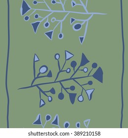 Seamless vertical pattern  of floral motif,branches, spots, doodles, hole, triangles, ellipses, stripes, copy space. Hand drawn.