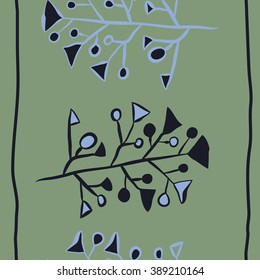 Seamless vertical pattern  of floral motif,branches, spots, doodles, hole, triangles, ellipses, stripes, copy space. Hand drawn.