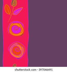 Seamless vertical  pattern of floral  motif,branches, stylized flowers, bud, spirals, copy space. Hand drawn.