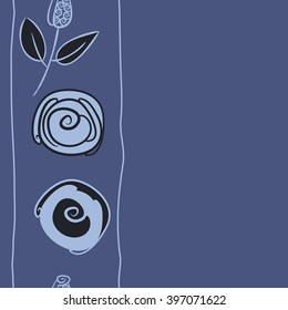 Seamless vertical  pattern of floral  motif,branches, stylized flowers, bud, spirals, copy space. Hand drawn.