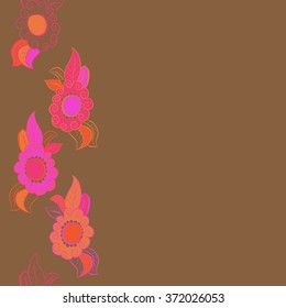 Seamless  vertical  pattern  of  floral motifs, doodles, waves, spirals,leaves,copy space . Hand drawn.