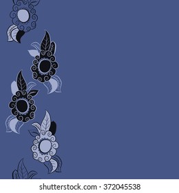 Seamless  vertical  pattern  of  floral motifs, doodles, waves, spirals,leaves,copy space . Hand drawn.