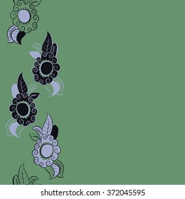 Seamless  vertical  pattern  of  floral motifs, doodles, waves, spirals,leaves,copy space . Hand drawn.