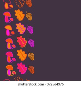 Seamless  vertical  pattern of floral motifs,  spots, stripes, doodles, leaves of oak, mushrooms,acorns. Hand drawn.