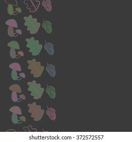Seamless  vertical  pattern of floral motifs,  spots, stripes, doodles, leaves of oak, mushrooms,acorns. Hand drawn.