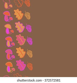 Seamless  vertical  pattern of floral motifs,  spots, stripes, doodles, leaves of oak, mushrooms,acorns. Hand drawn.