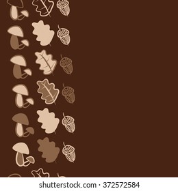Seamless  vertical  pattern of floral motifs,  spots, stripes, doodles, leaves of oak, mushrooms,acorns. Hand drawn.