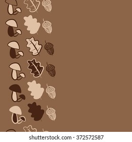 Seamless  vertical  pattern of floral motifs,  spots, stripes, doodles, leaves of oak, mushrooms,acorns. Hand drawn.