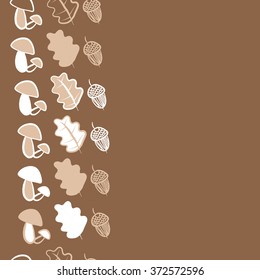 Seamless  vertical  pattern of floral motifs,  spots, stripes, doodles, leaves of oak, mushrooms,acorns. Hand drawn.