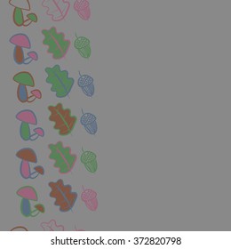 Seamless  vertical  pattern of floral motifs,  spots, stripes, doodles, leaves of oak, mushrooms,acorns. Hand drawn.