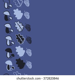 Seamless  vertical  pattern of floral motifs,  spots, stripes, doodles, leaves of oak, mushrooms,acorns. Hand drawn.