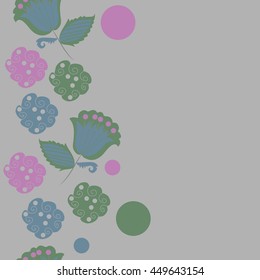 Seamless  vertical  pattern of floral motifs, doodles,  object,leaves, flowers, spirals, ellipses, bell, spot. Hand drawn.