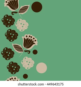 Seamless  vertical  pattern of floral motifs, doodles,  object,leaves, flowers, spirals, ellipses, bell, spot. Hand drawn.